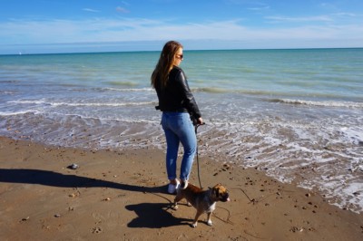 Beach Walks in Climping Beach, wearing a black Allsaints leather jacet, river island jeans and nike trainers. With Binky the Pug.